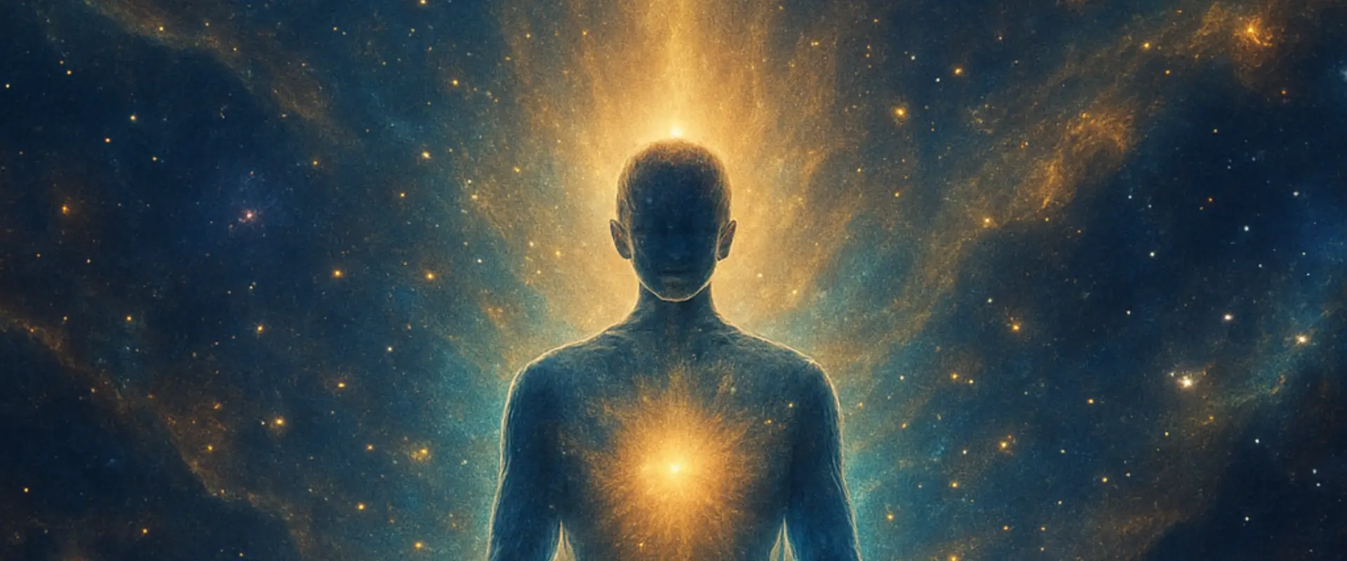 Ilustração mostrando um ser meditando, irradiando luz e energia que se fundem às estrelas e galáxias. Figura meditando com energia luminosa no centro do peito em meio ao cosmos