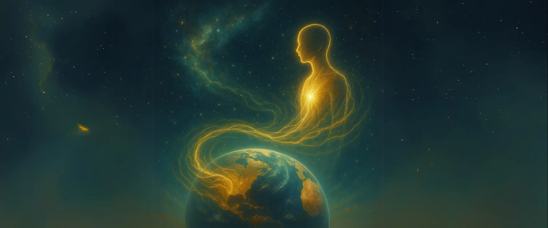 Ilustração mostrando a energia da alma sendo absorvida e integrada ao planeta Terra em um cenário cósmico. Representação artística de uma alma conectando-se energeticamente à Terra