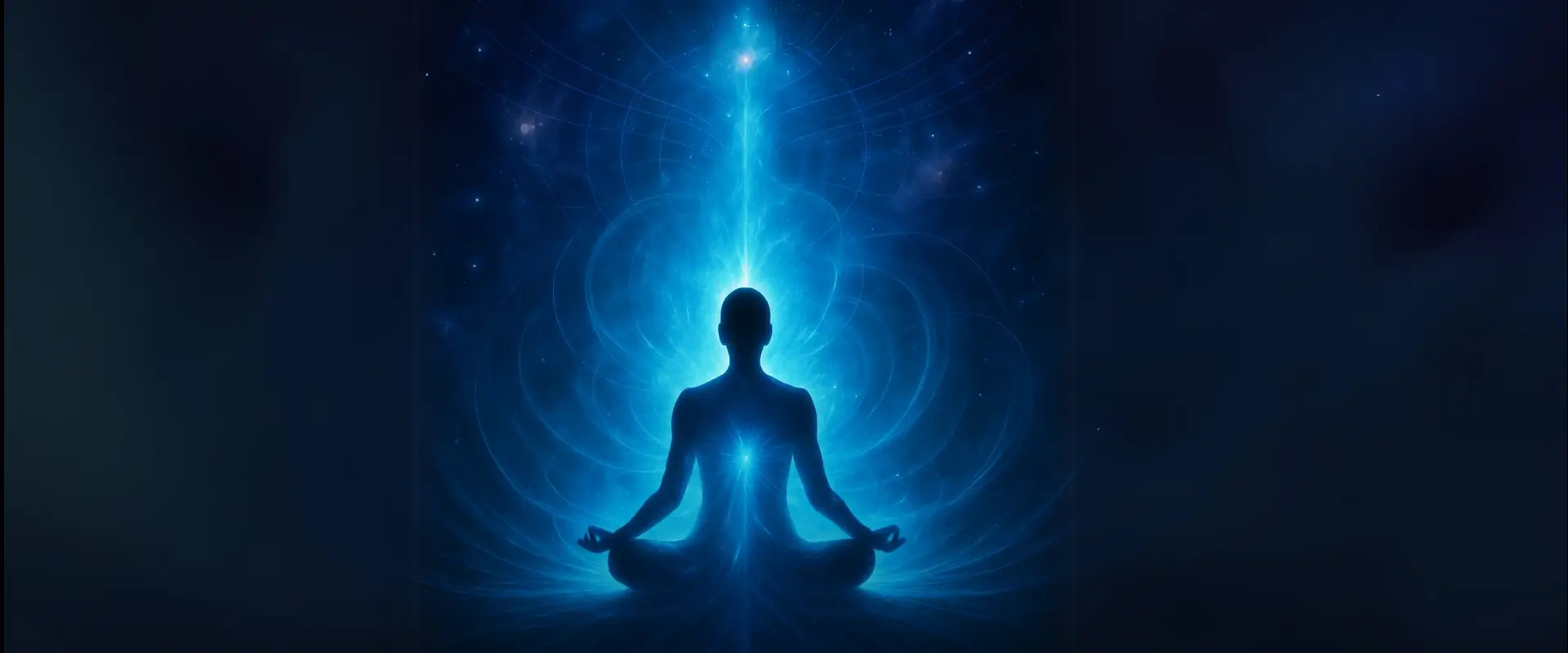 Ilustração mostrando uma figura meditativa cercada por ondas de energia azul se fundindo com estrelas e névoas cósmicas. Figura meditando com energia azul conectando-se ao cosmos